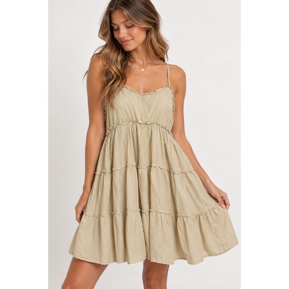 Max + Ash Women Beige Tiered Mini Dress Smocked Back Cotton Sundress L